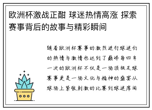 欧洲杯激战正酣 球迷热情高涨 探索赛事背后的故事与精彩瞬间