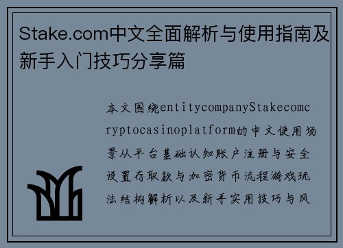 Stake.com中文全面解析与使用指南及新手入门技巧分享篇